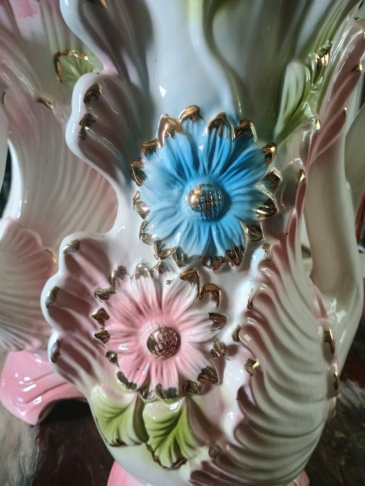 Vintage Ceramic Swan Handle Vases Pair