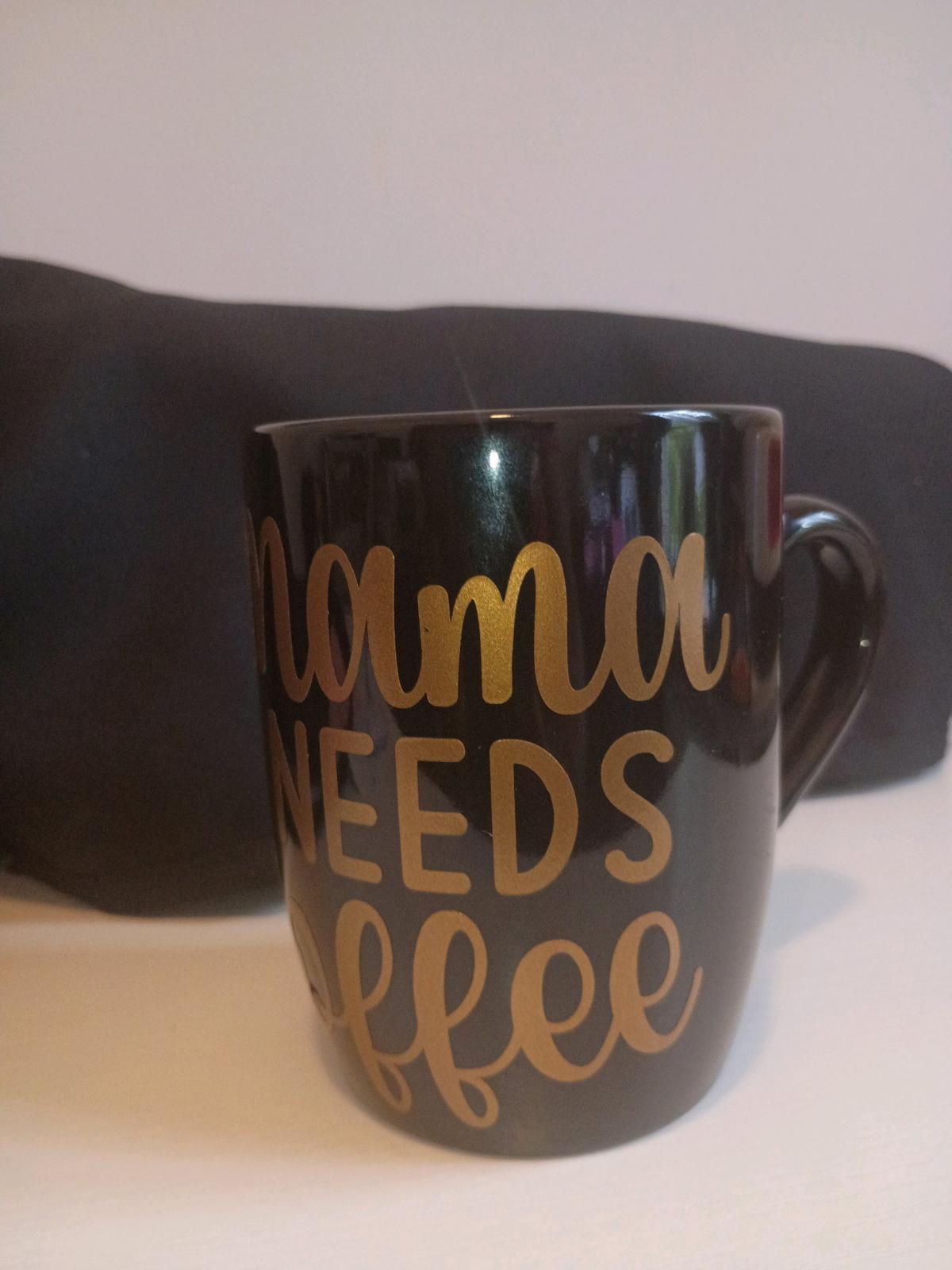 Black and Gold Coffee Mug with Mama Needs Coffee