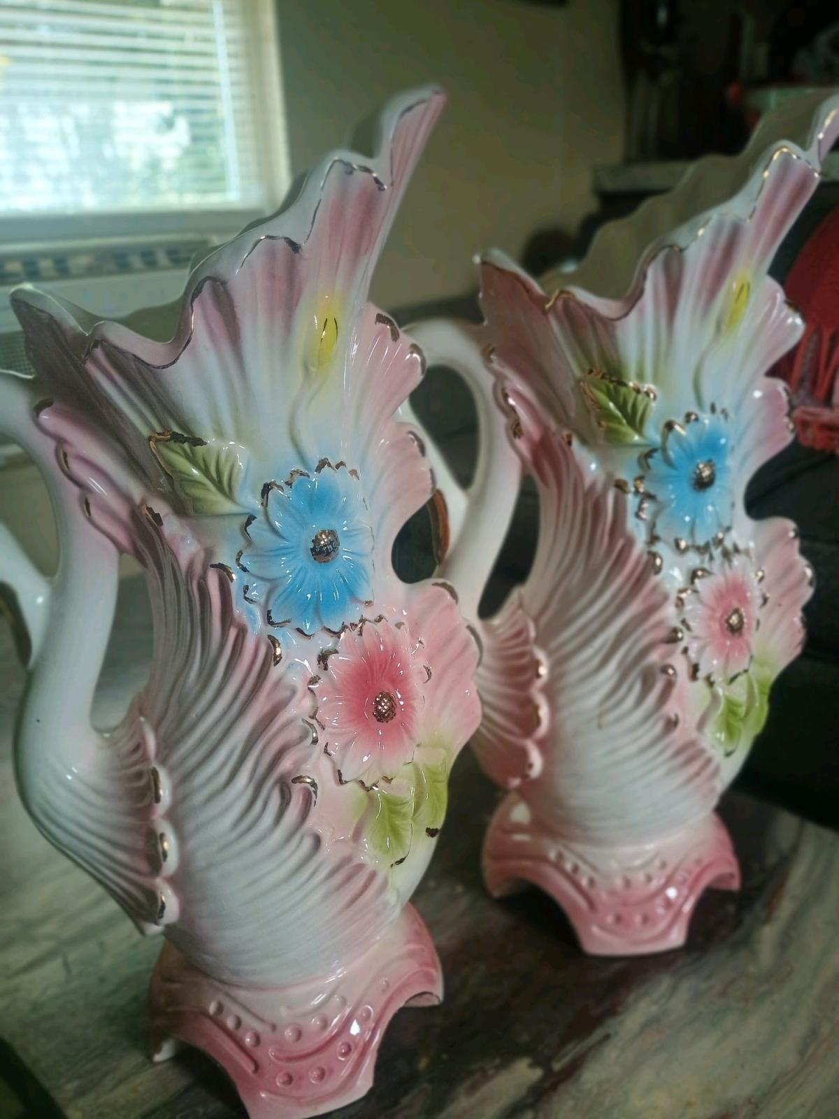 Vintage Ceramic Swan Handle Vases Pair