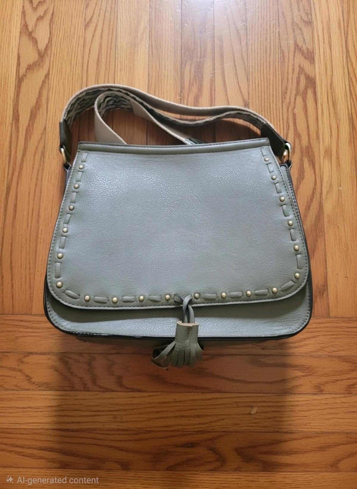 Olive Green Studded Crossbody Bag with Patterned Guitar Stra