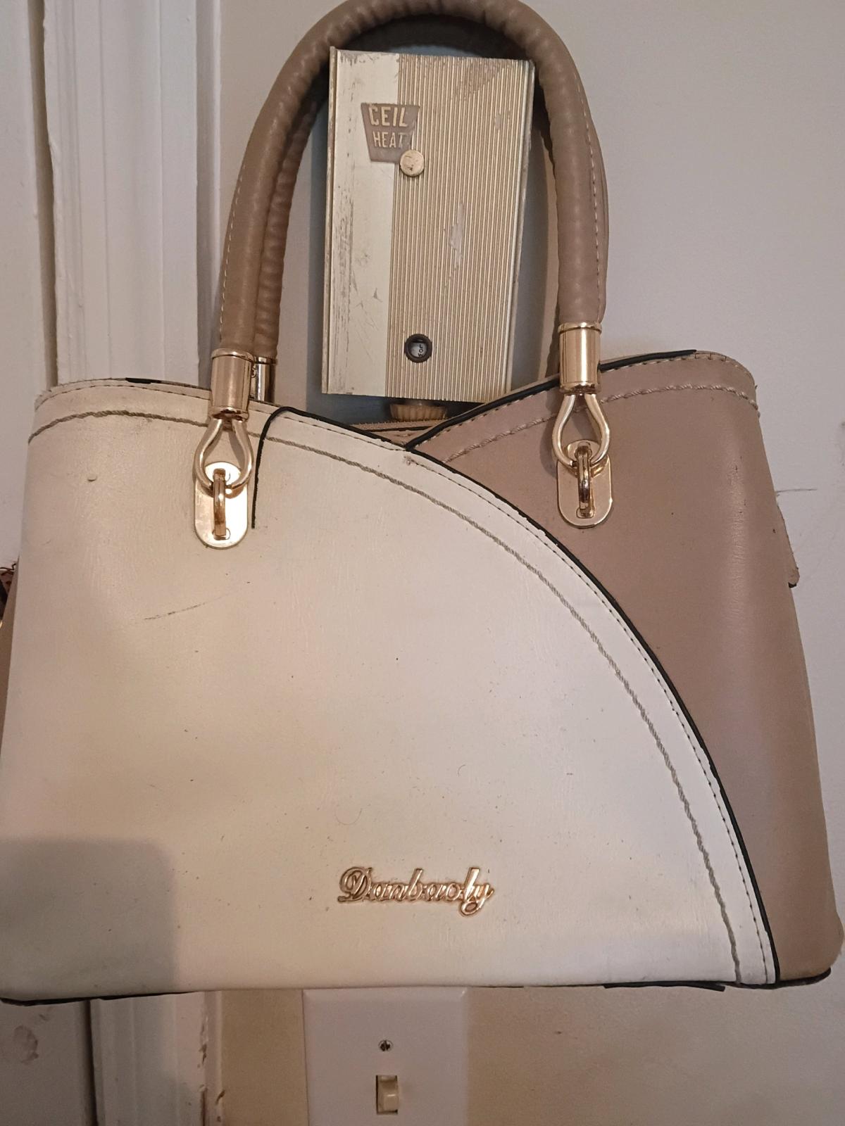 TwoTone Beige  Cream Structured Satchel Handbag with Gold Ha