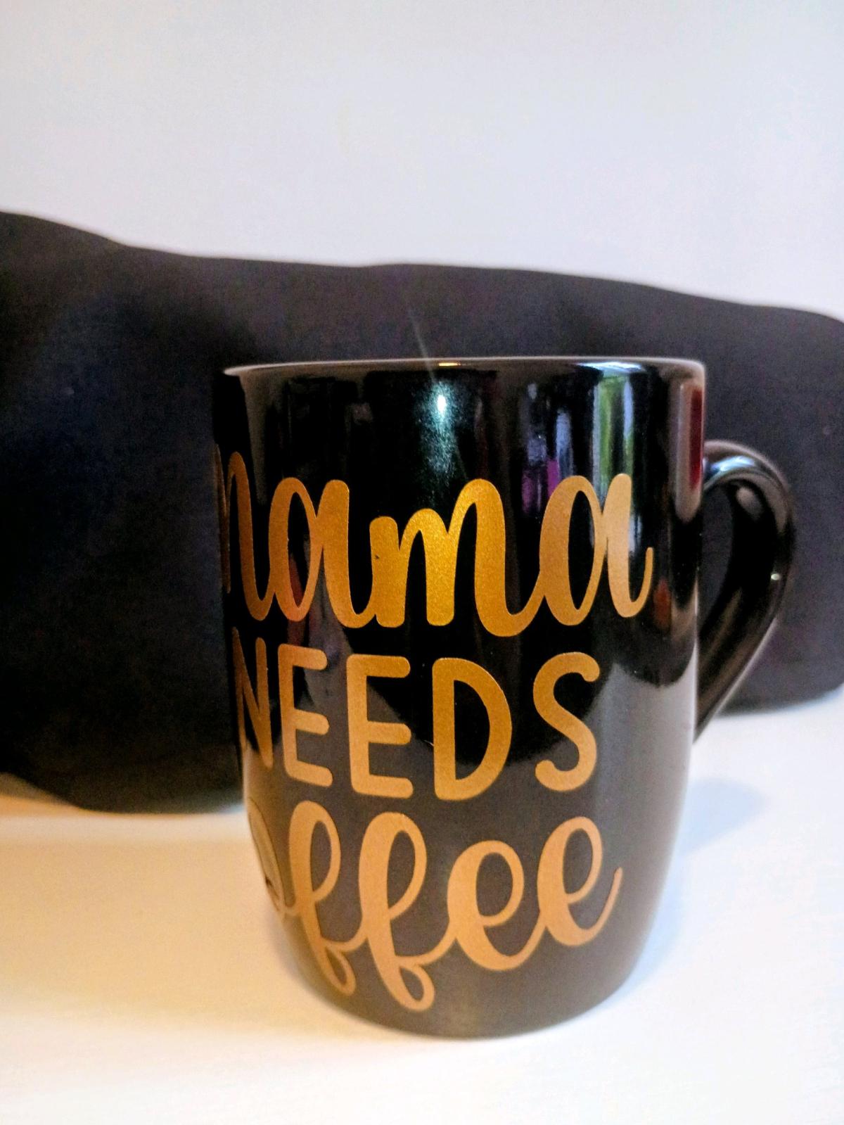 Black and Gold Coffee Mug with Mama Needs Coffee