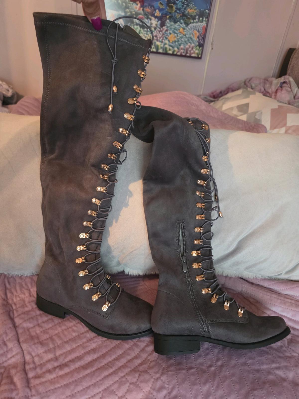 Grey Faux Suede OvertheKnee LaceUp Boots with Gold Hardware