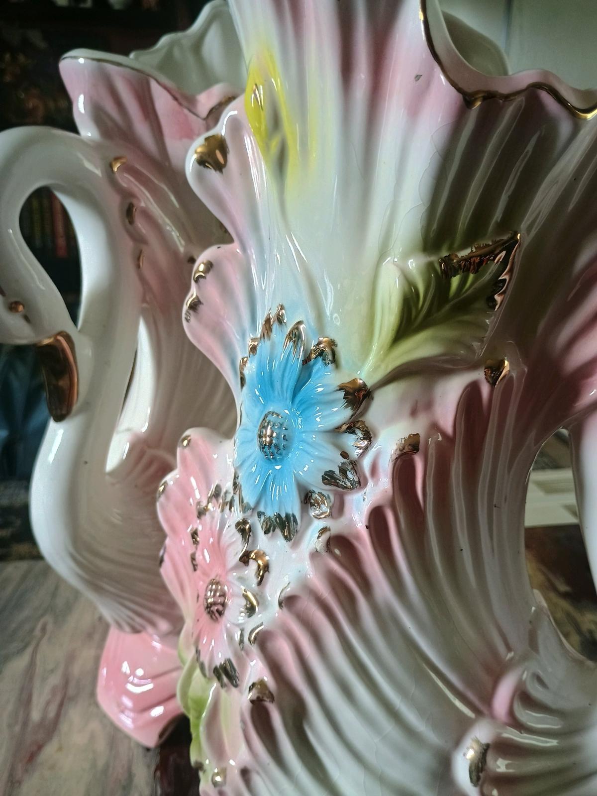 Vintage Ceramic Swan Handle Vases Pair