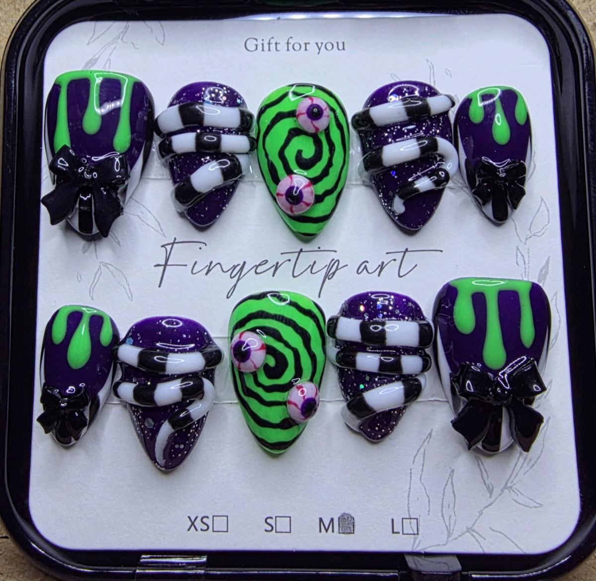 Handmade 3D Beetlejuice Press on Nails Sized Medium