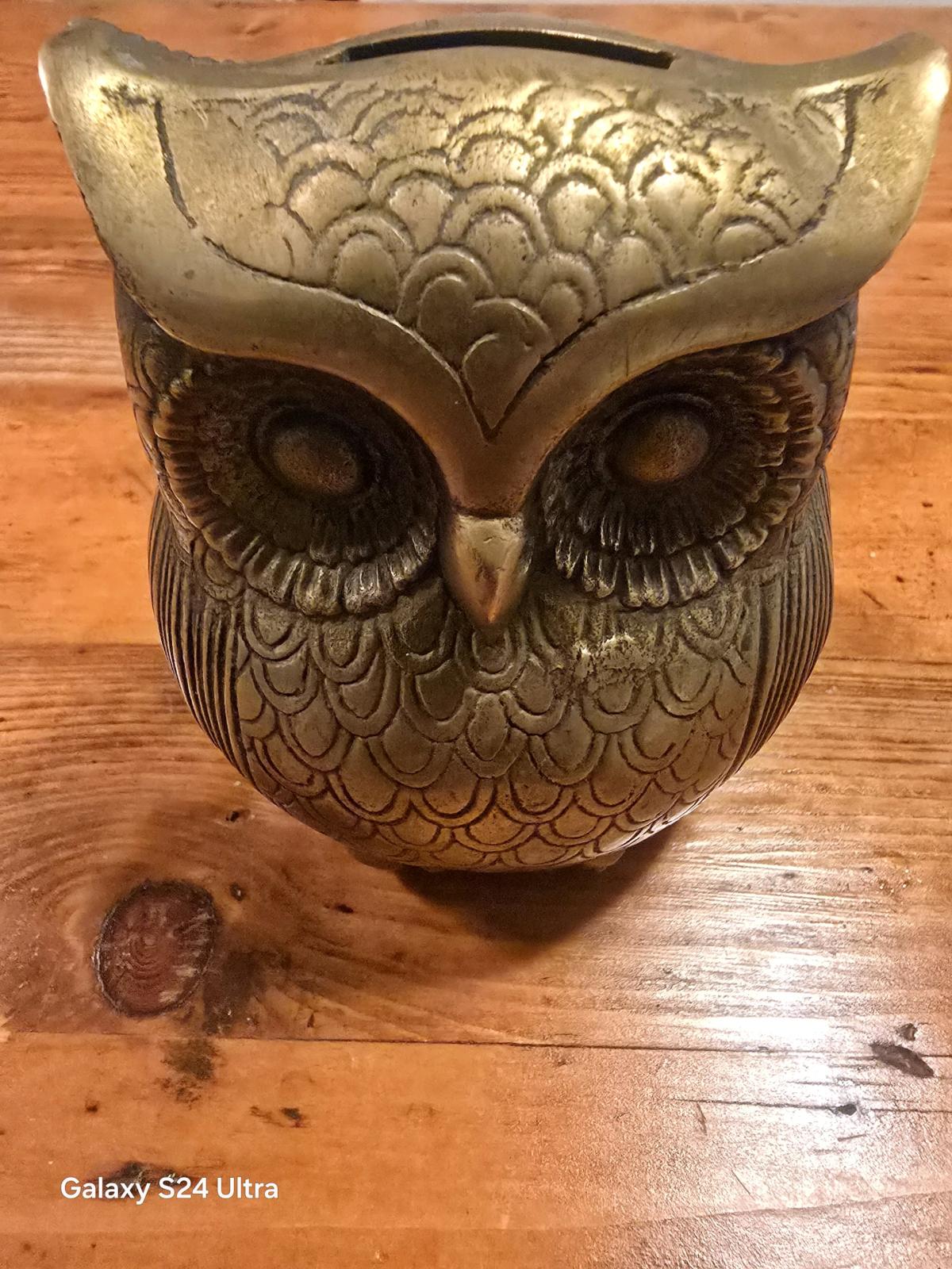 vintage brass owl coin bank