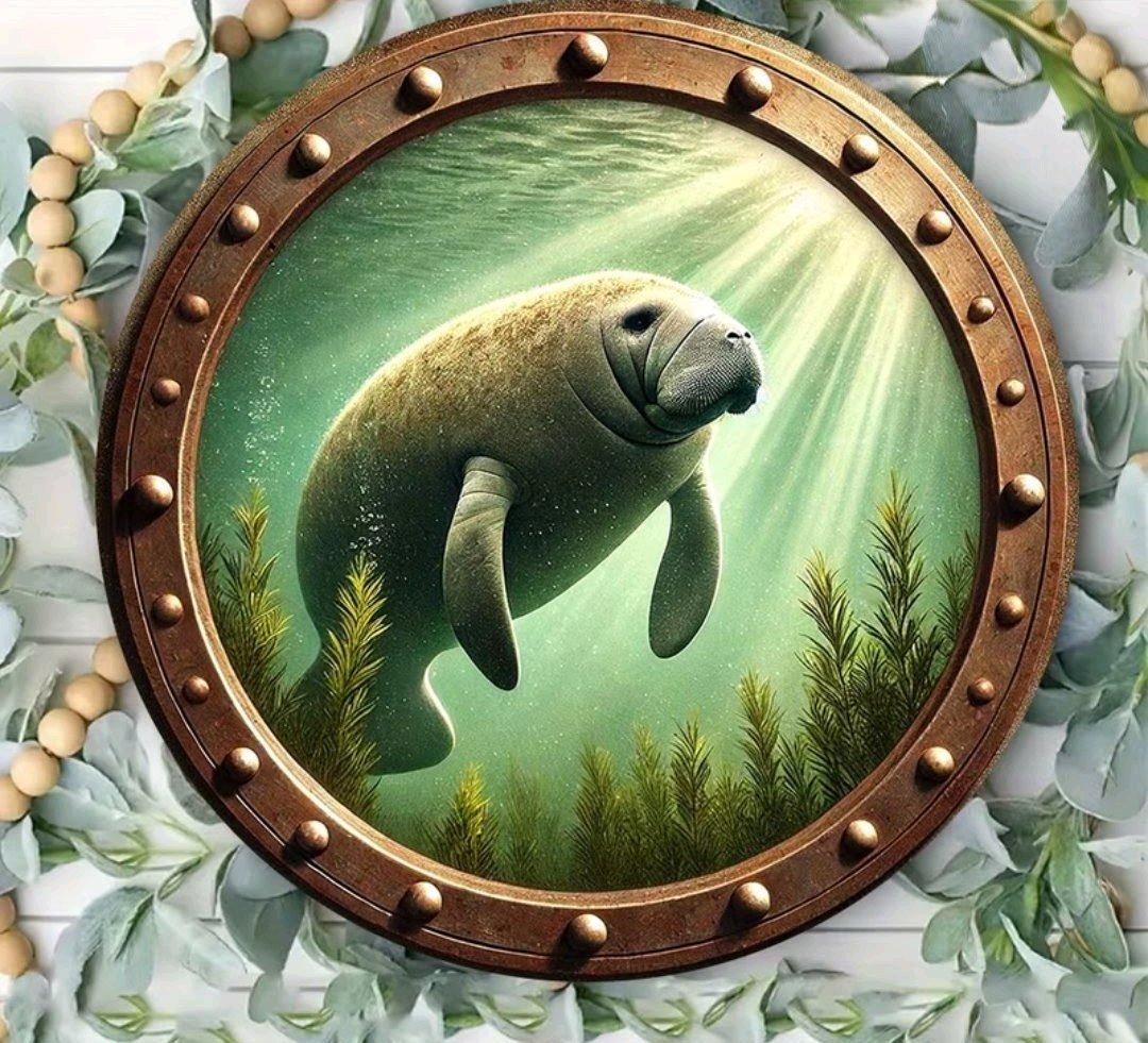 Metal Manatee Wall Decor with Sun Shining Through Water