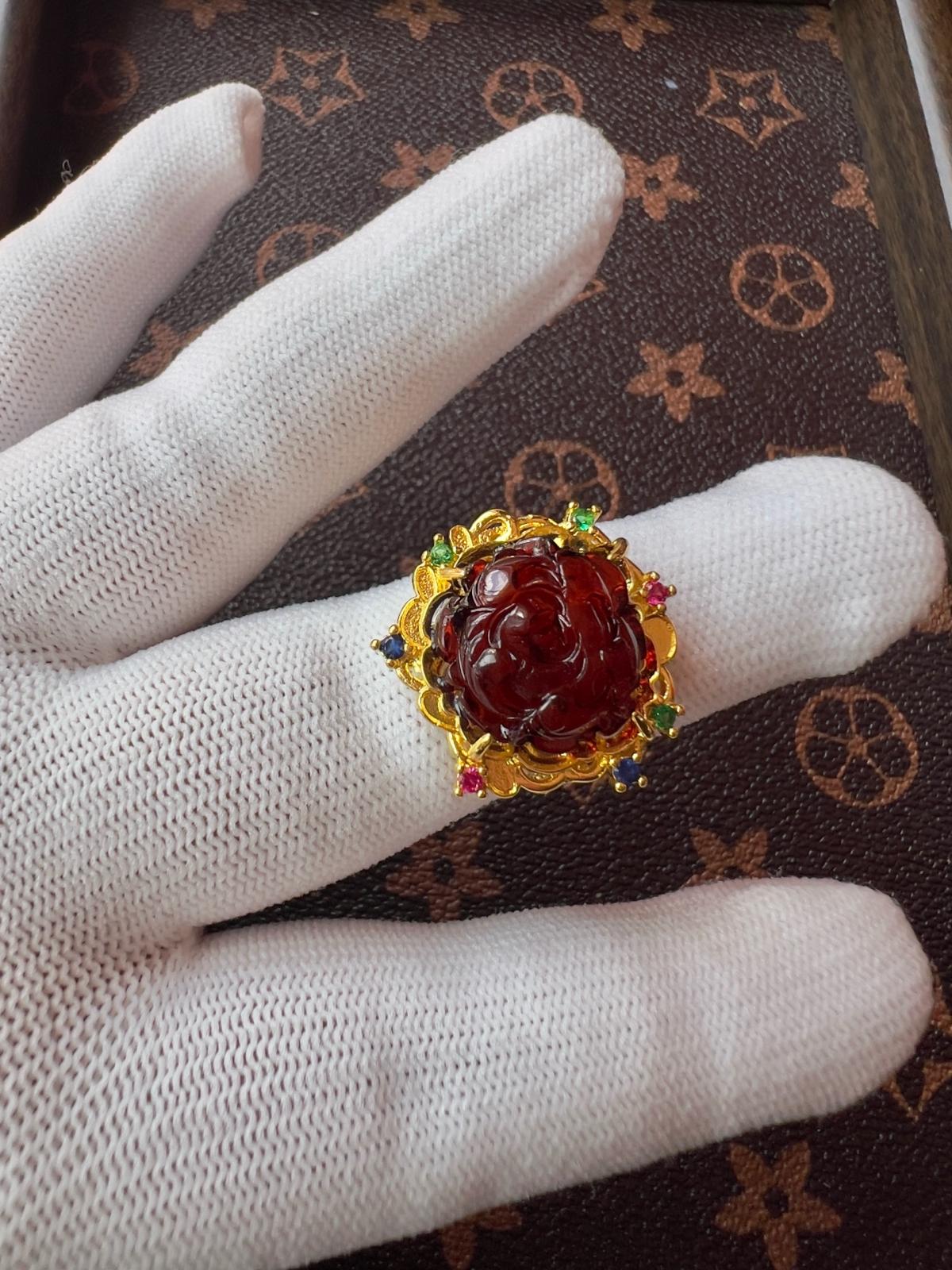 Natural Blood Amber Rose Ring Adjustable