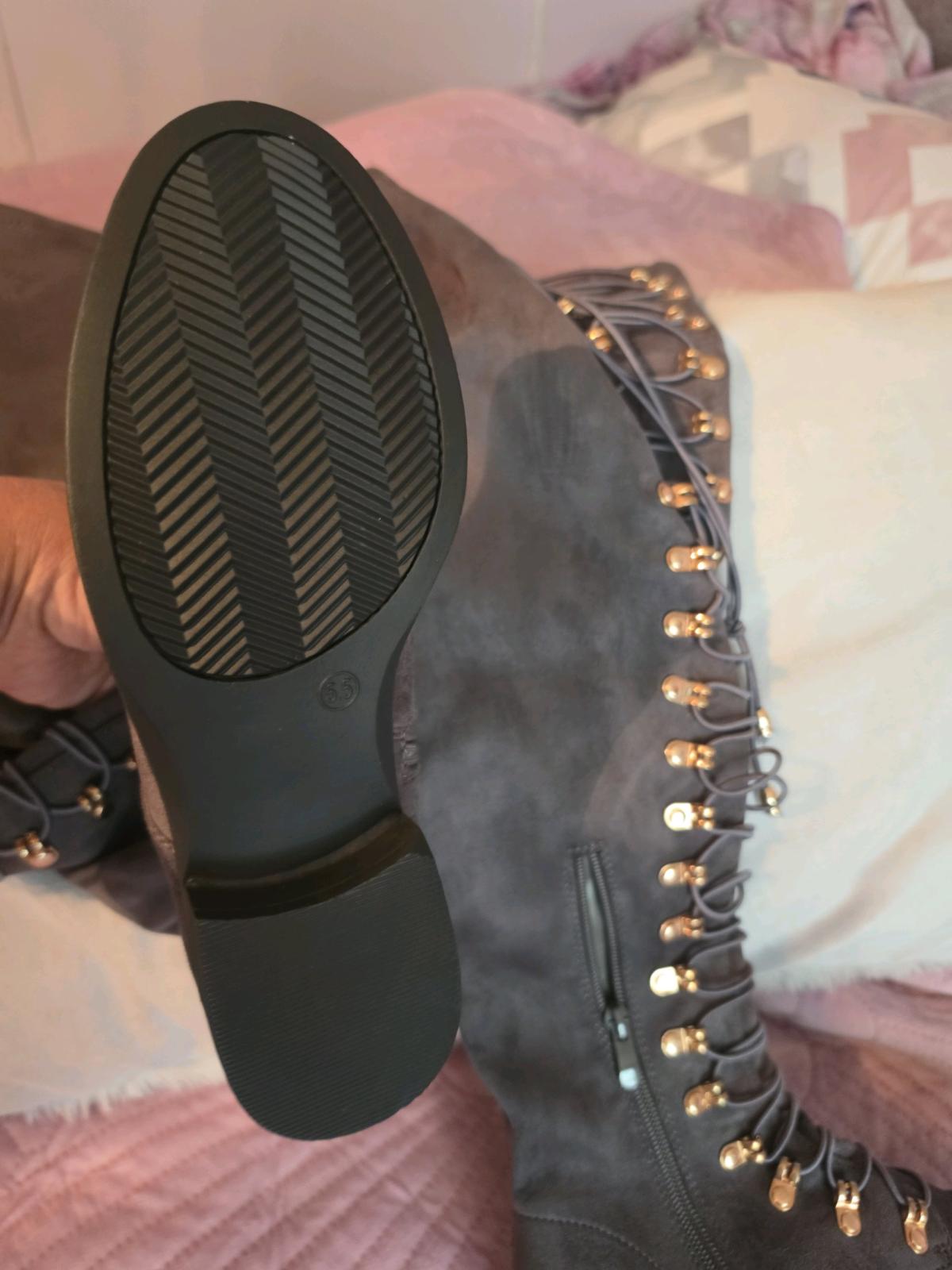 Grey Faux Suede OvertheKnee LaceUp Boots with Gold Hardware