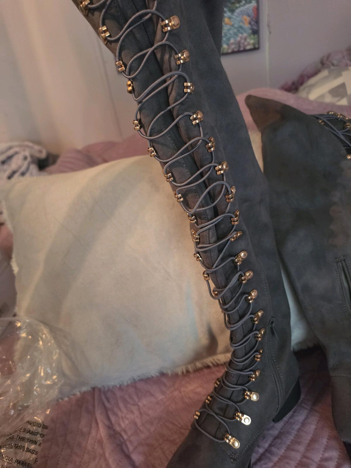 Grey Faux Suede OvertheKnee LaceUp Boots with Gold Hardware