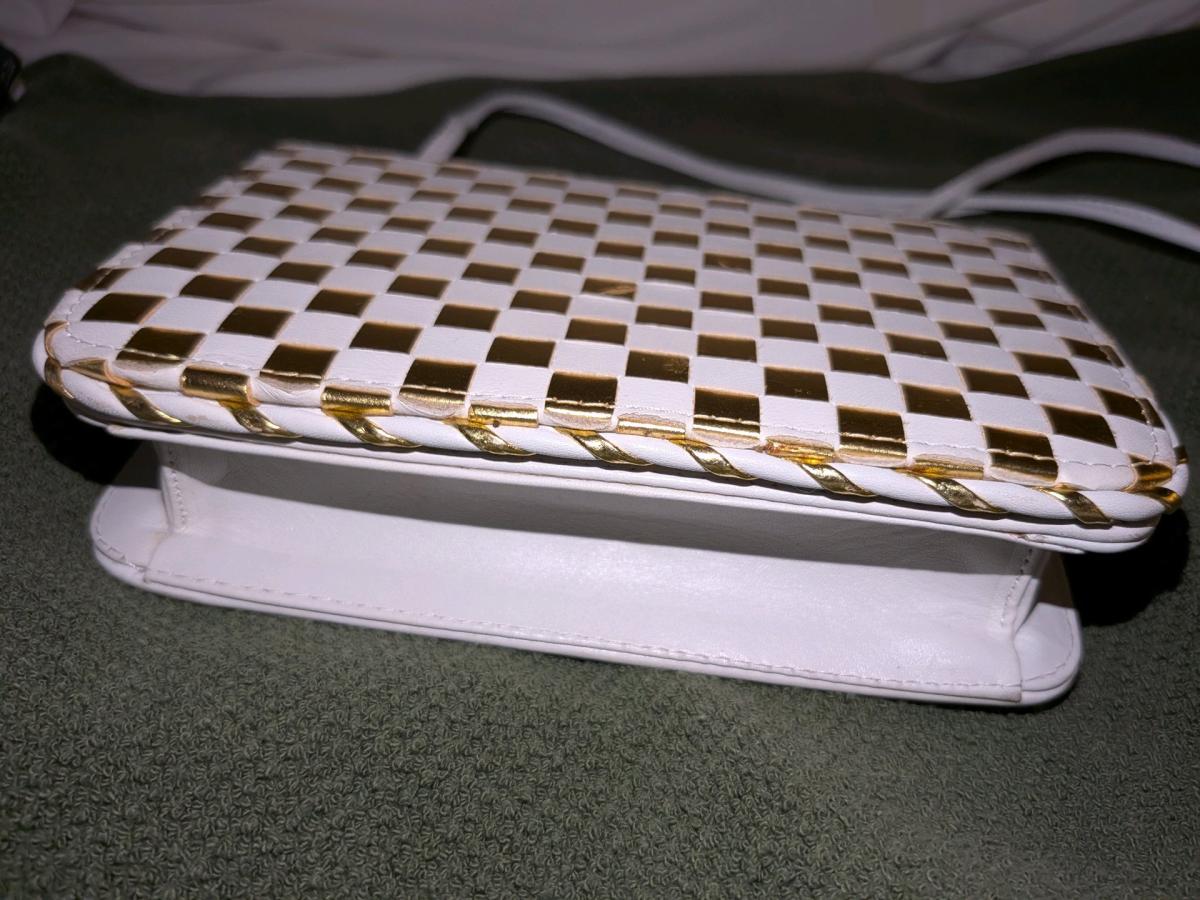 Vtg Donald J Pliner Womens Small WhiteGold Checkered Crossbo