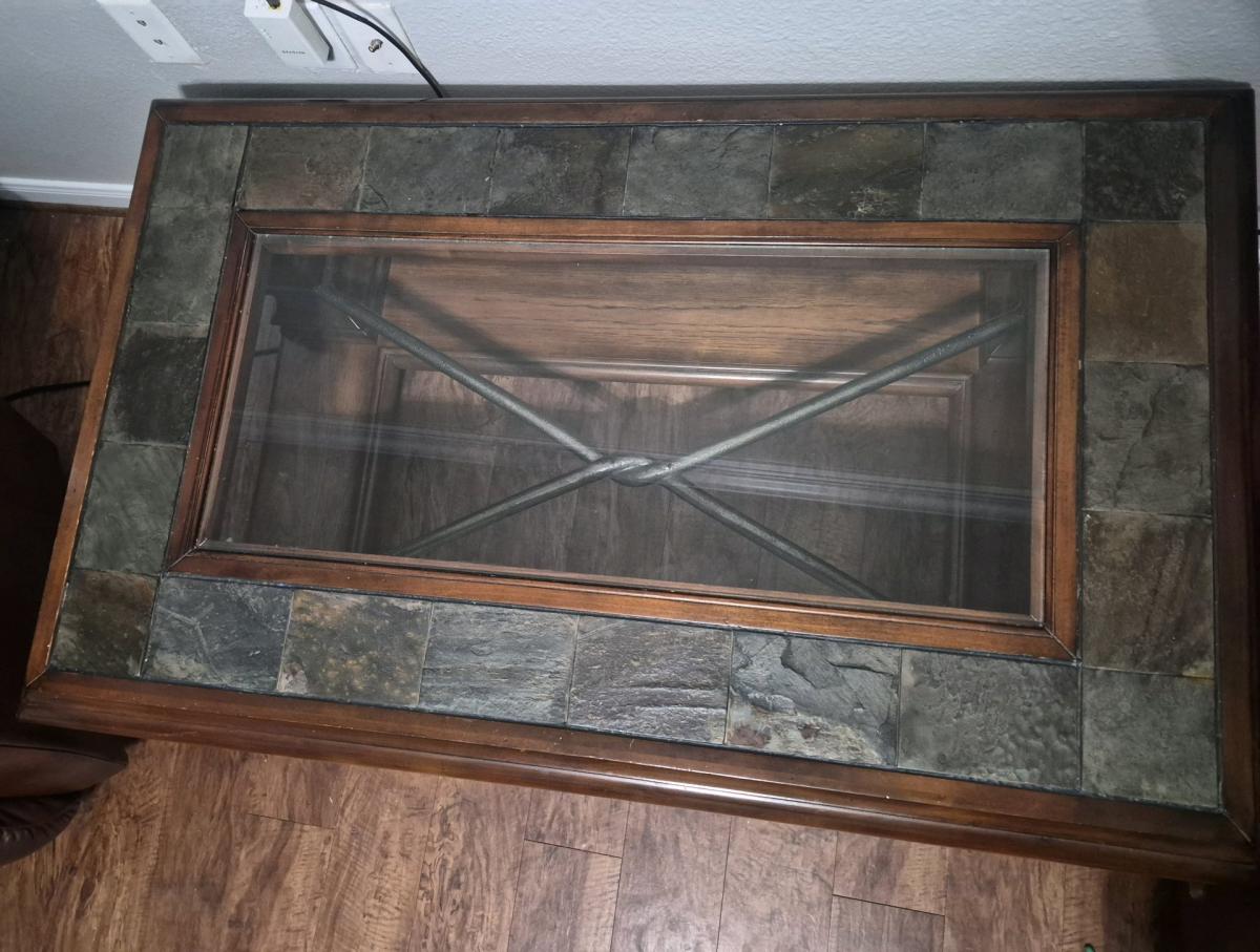 3 piece set Solid wood and Slate Tile Coffee Table with Glas