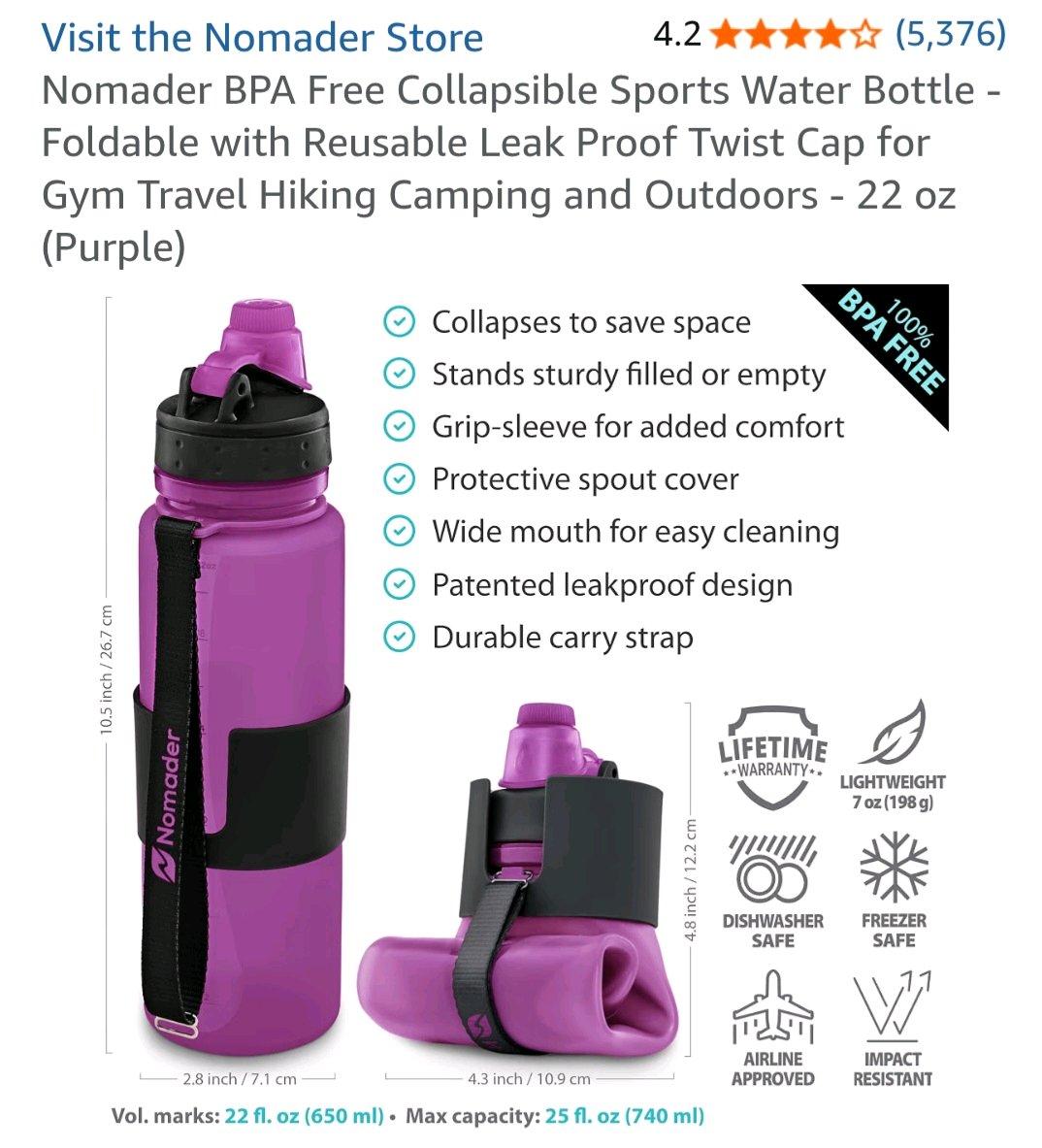 Nomader BPA Free Collapsible Water Bottle 22 oz Purple