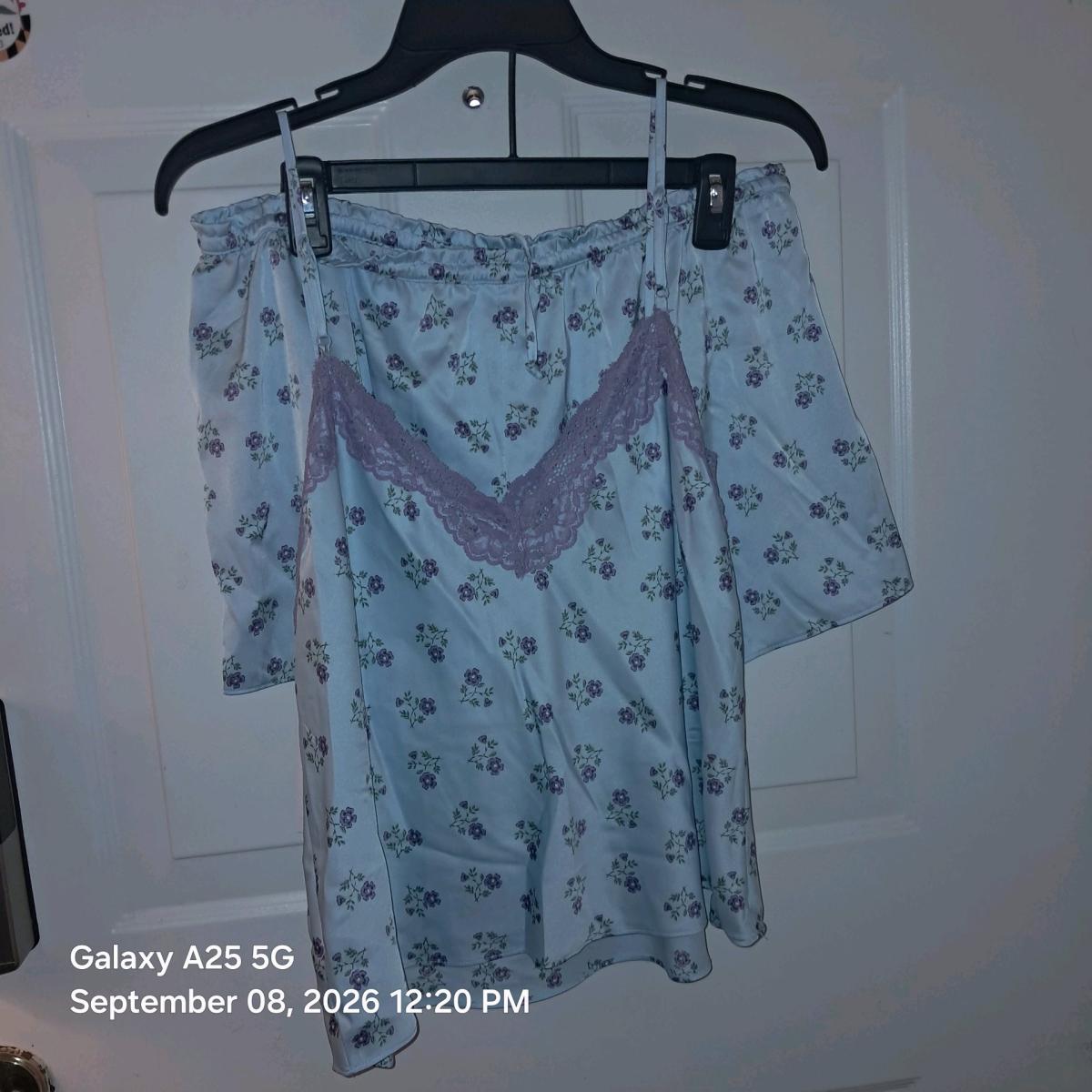 2 piece satin with lace teddy Light blue with lavender flowe