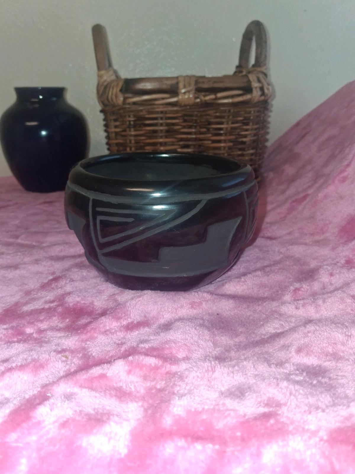 Vintage Santa Clara Pueblo Blackware Pottery Bowl  HandCarve