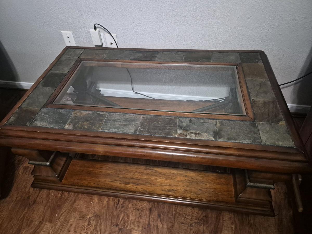 3 piece set Solid wood and Slate Tile Coffee Table with Glas