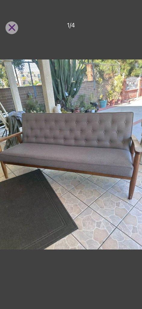 MidCentury Modern Gray Tufted Loveseat Sofa  Wood Frame