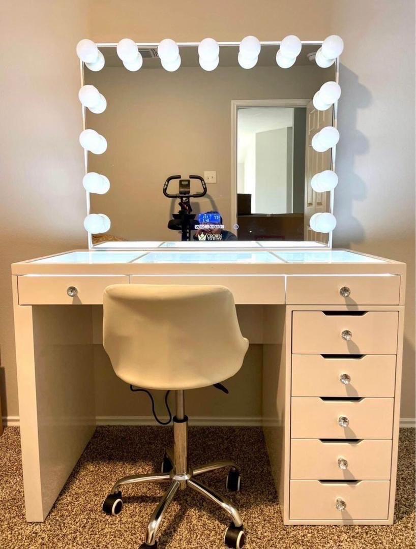 White Hollywood Vanity Desk with Lighted Mirror LED Glass