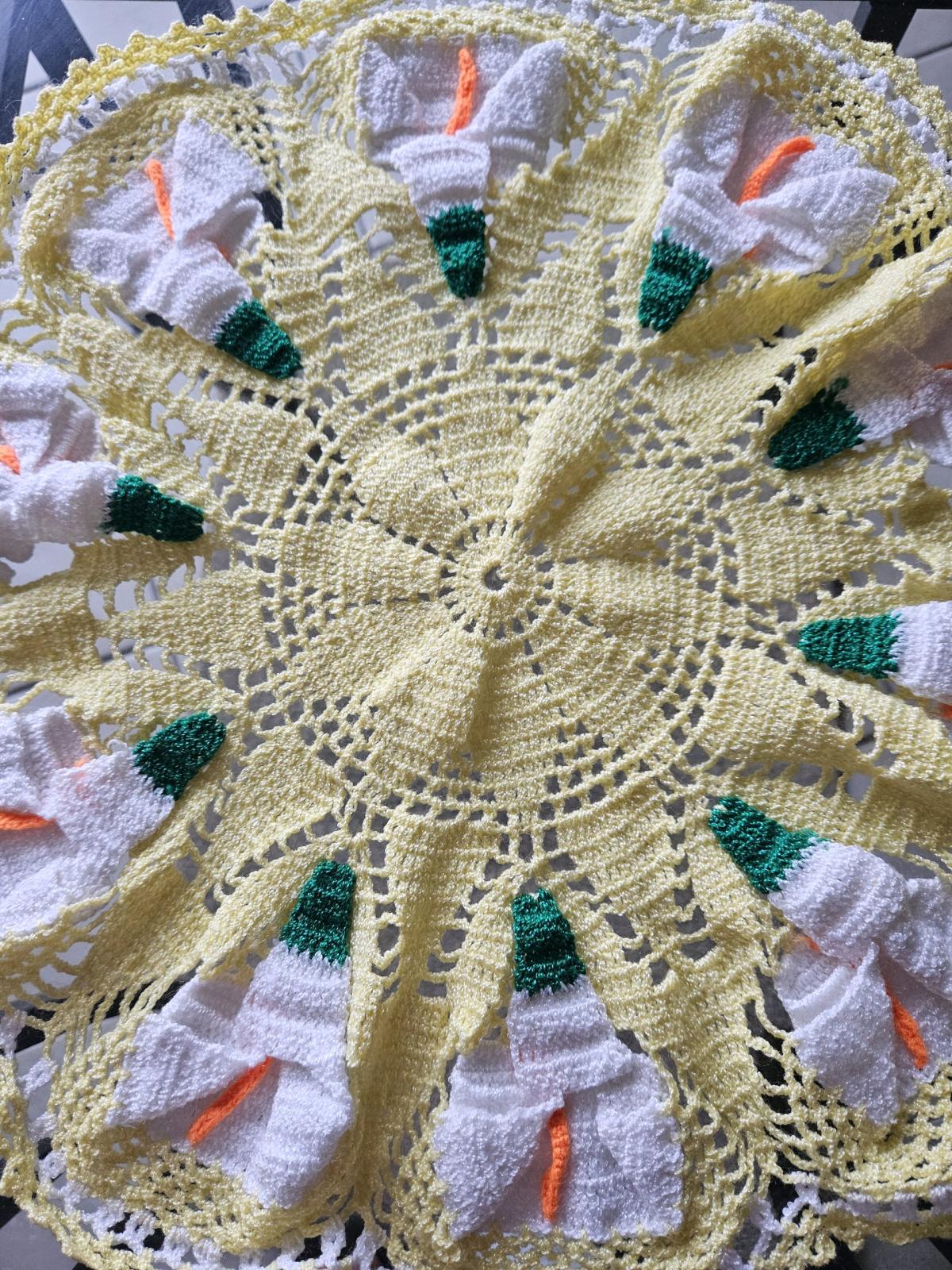 Handmade Yellow Crochet Floral Doily  White  Green 3D accent