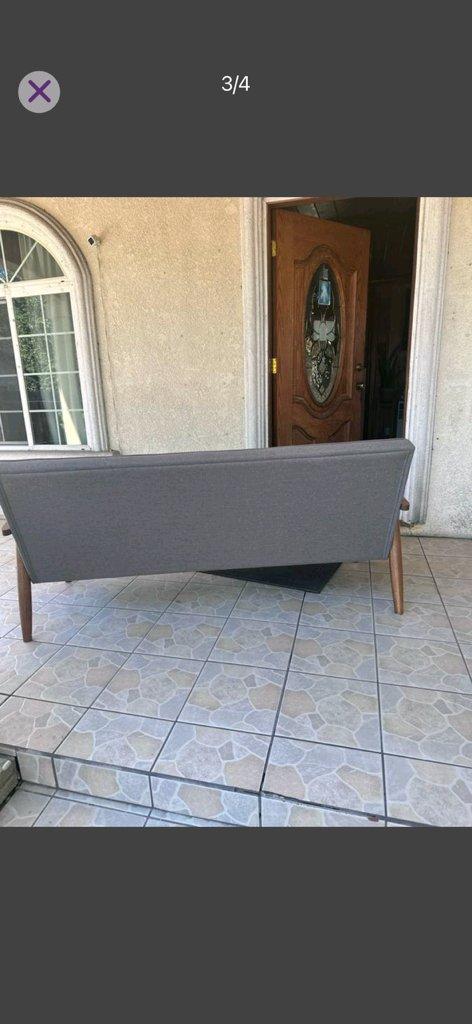 MidCentury Modern Gray Tufted Loveseat Sofa  Wood Frame