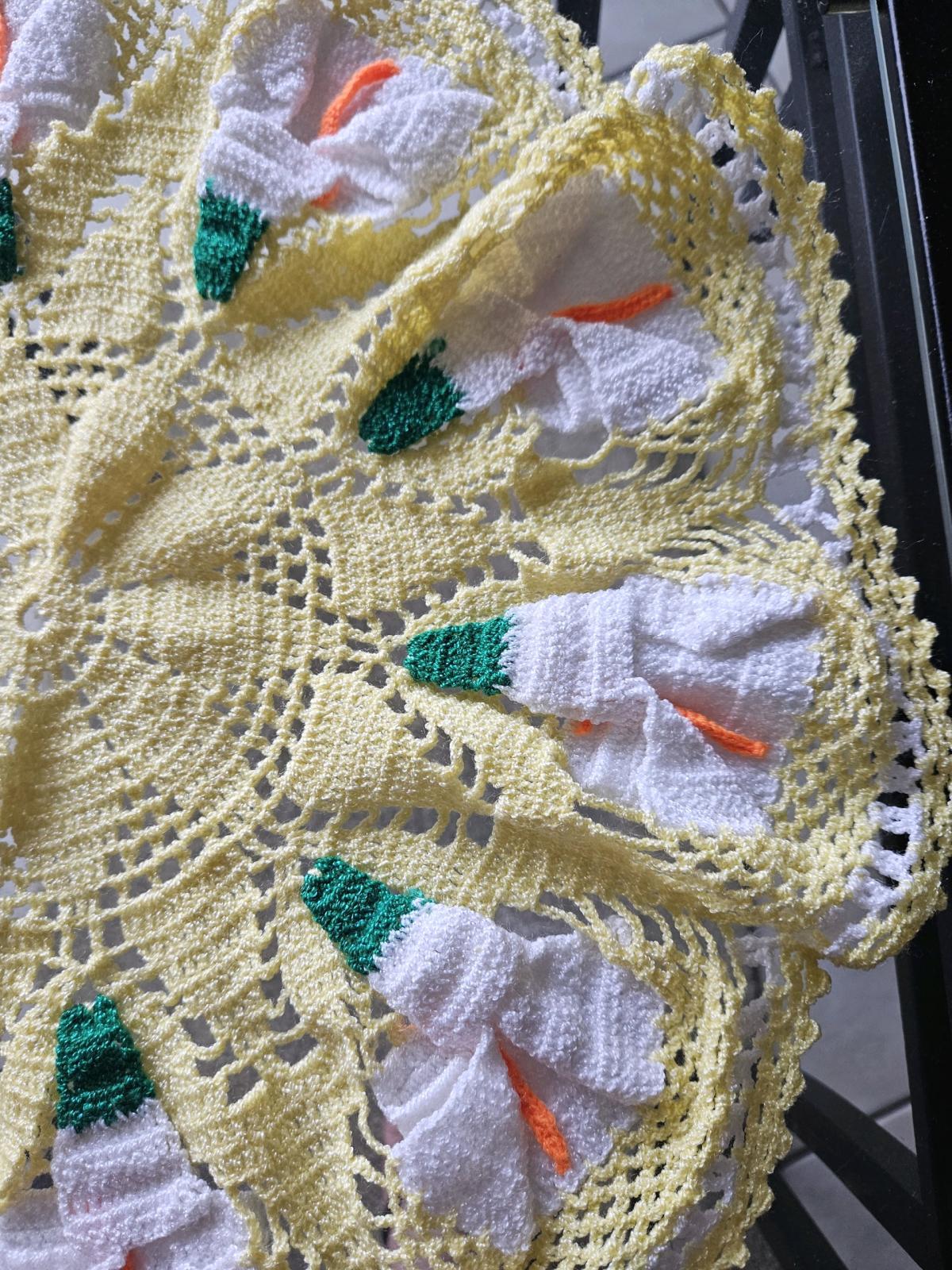 Handmade Yellow Crochet Floral Doily  White  Green 3D accent