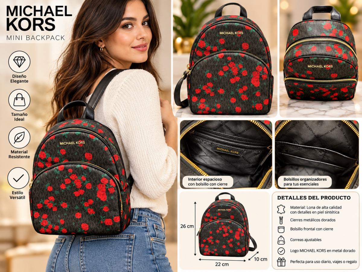 Michael Kors Signature Rose Floral Print Backpack Black Red