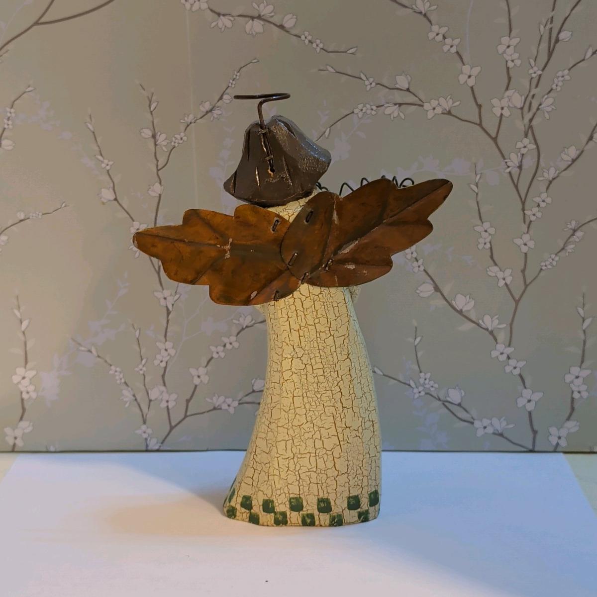 Wooden Harvest Angel Figurine   Metal Wings Halo Painted 3D