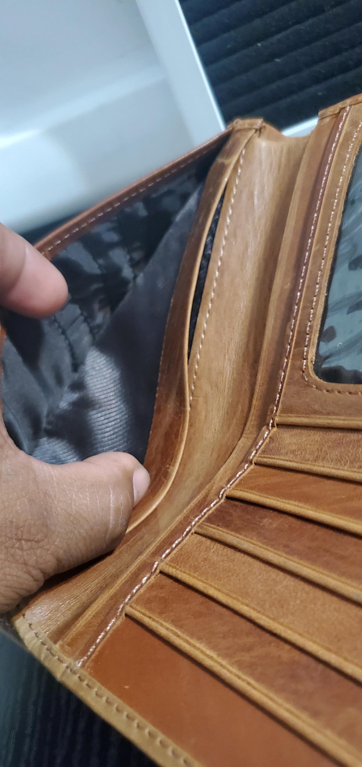 brown leather long bifold or trifold wallet