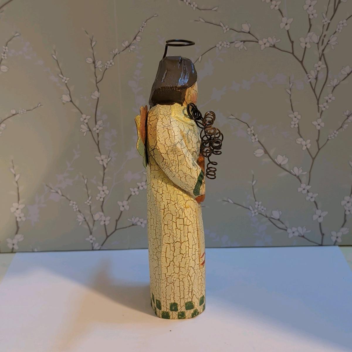 Wooden Harvest Angel Figurine   Metal Wings Halo Painted 3D
