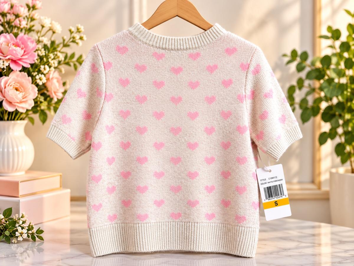 CeCe Womens Pink Heart Print Short Sleeve Knit