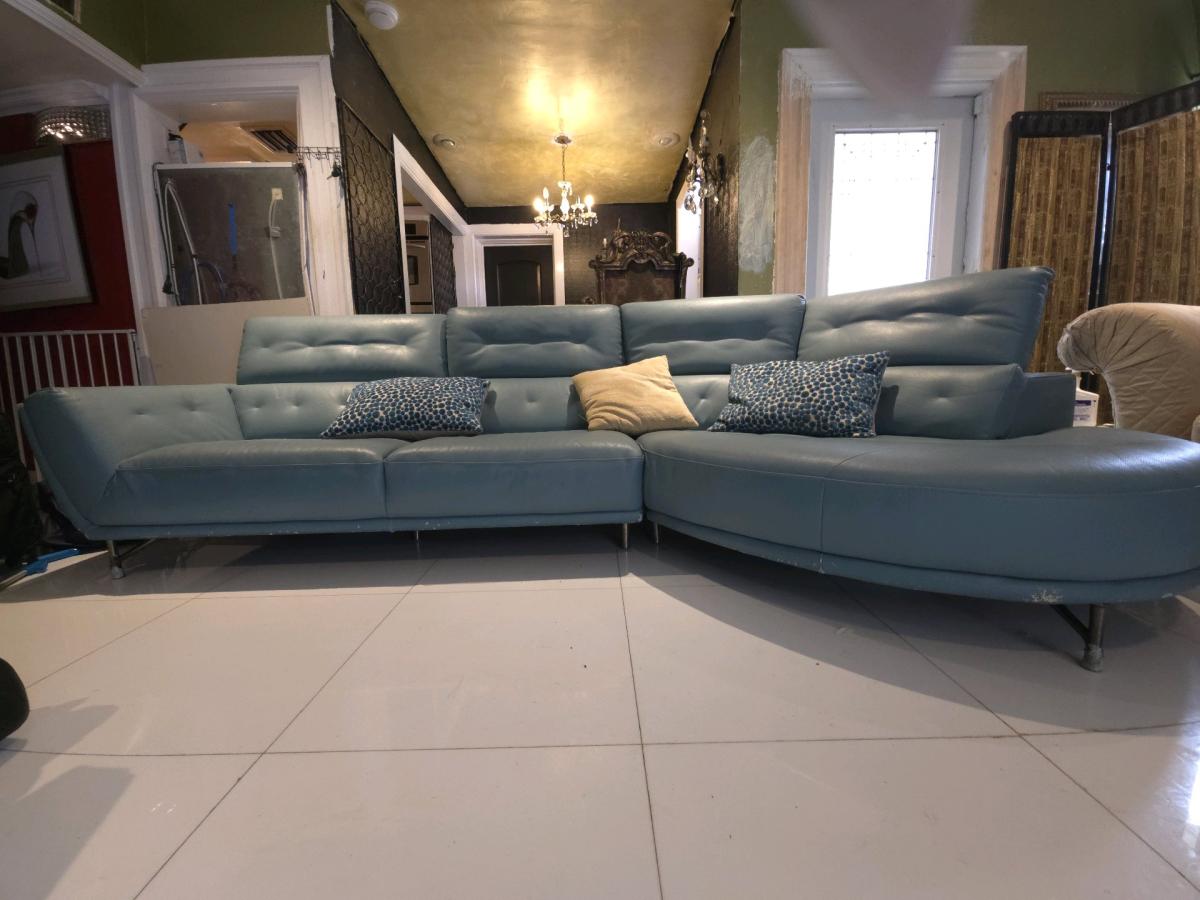 Teal Leather Sectional Sofa with Chaise