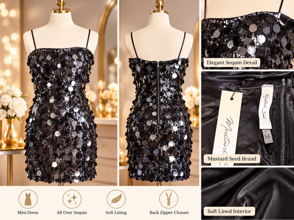 Mustard Seed Womens Black Sequin Mini Dress  Elegant Sparkly