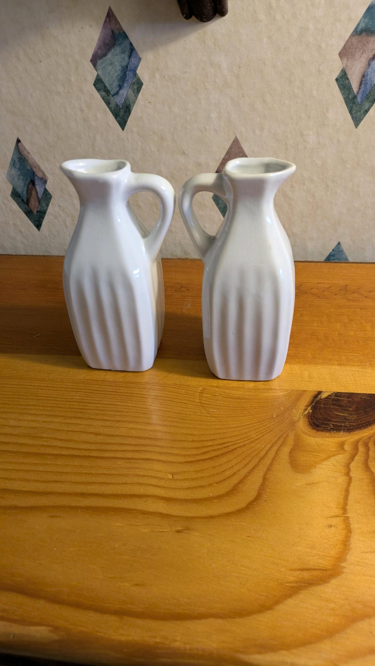 Ceramic White Oil  Vinegar Set 2 Bottles w Handle Pour Spout
