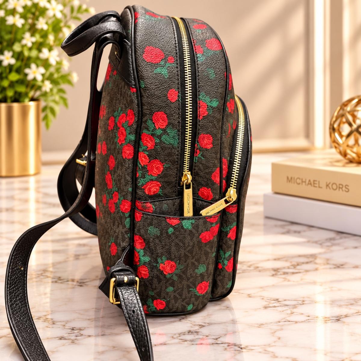 Michael Kors Signature Rose Floral Print Backpack Black Red