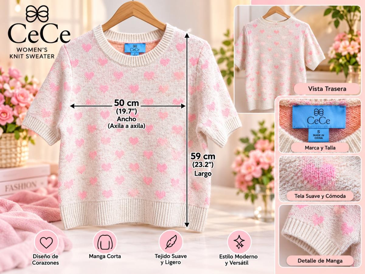 CeCe Womens Pink Heart Print Short Sleeve Knit