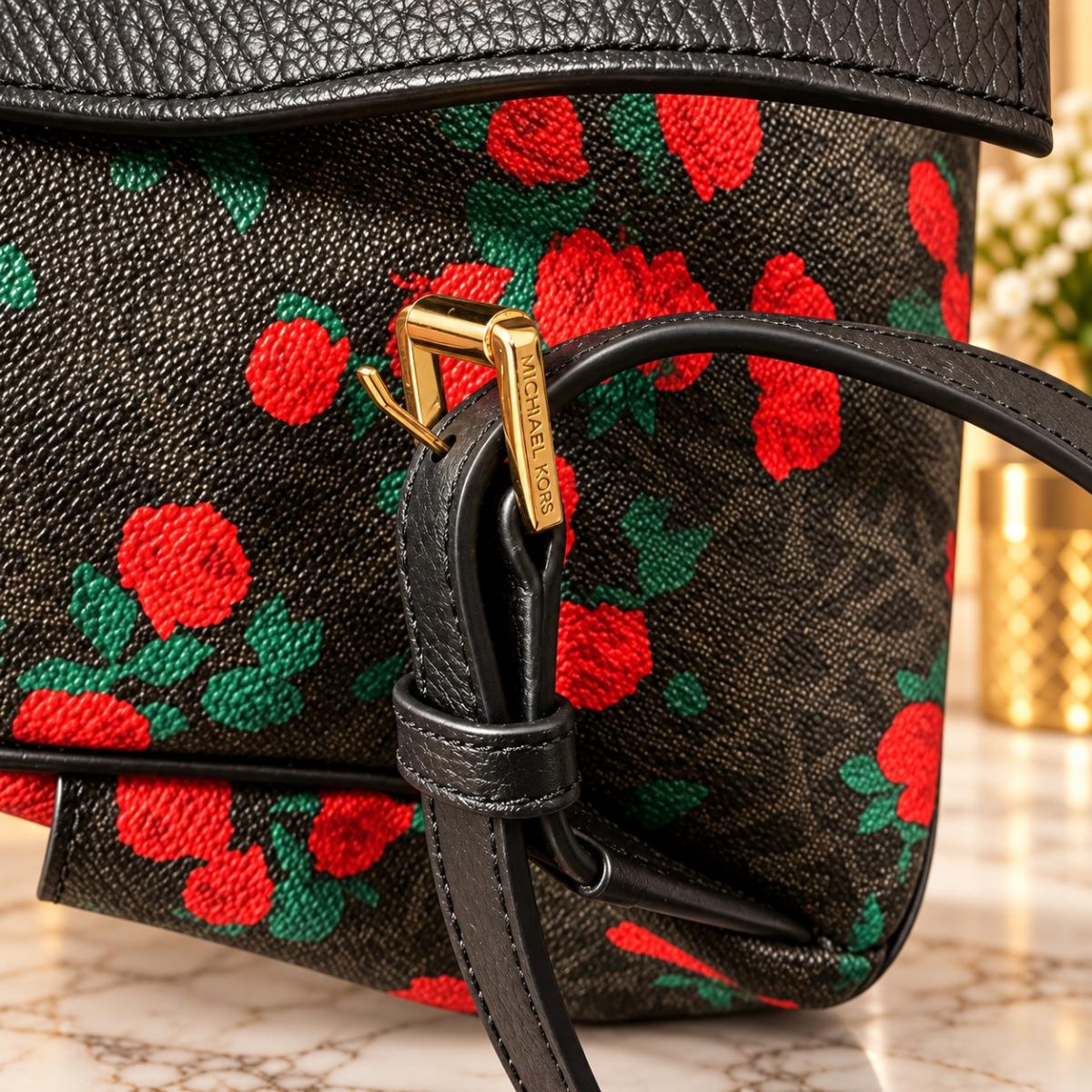 Michael Kors Signature Rose Floral Print Backpack Black Red