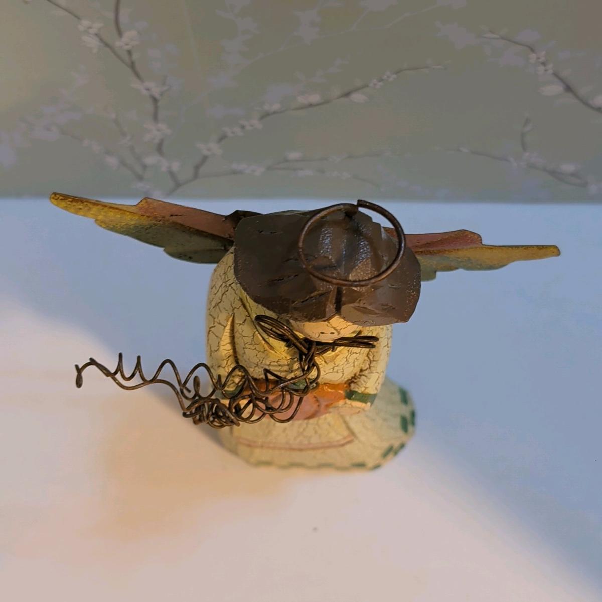 Wooden Harvest Angel Figurine   Metal Wings Halo Painted 3D