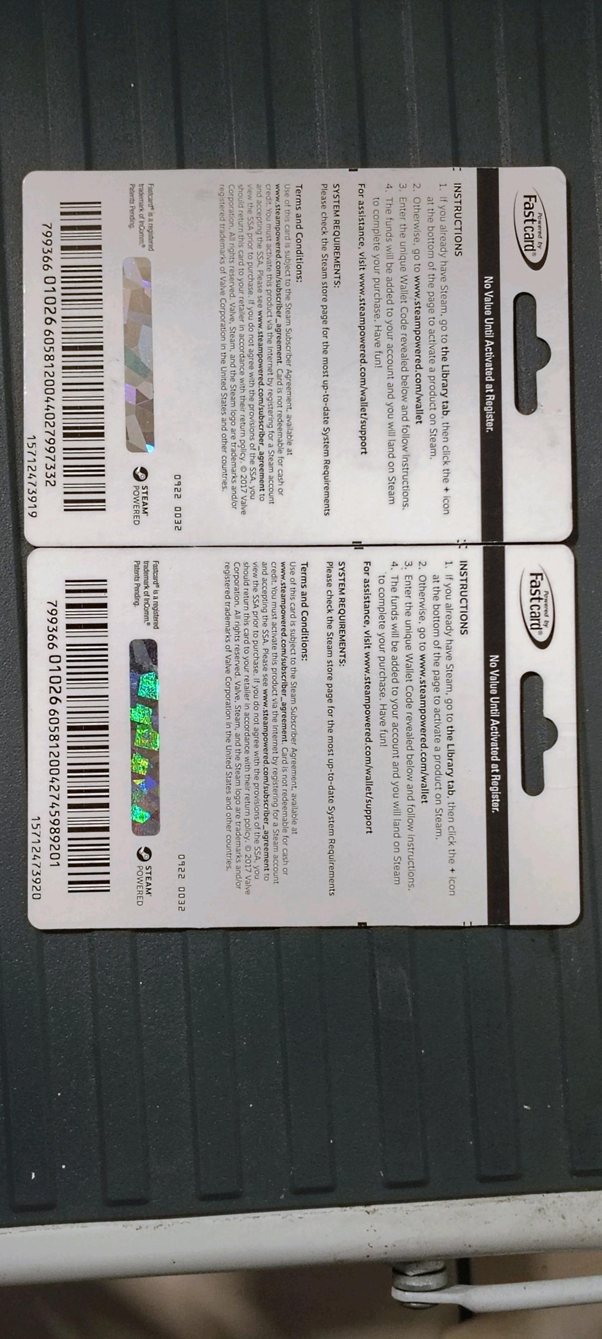 Two loaded and active 20 dollar Steam gaming cards