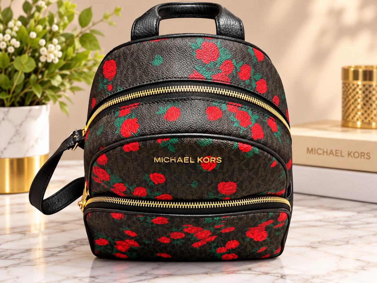 Michael Kors Signature Rose Floral Print Backpack Black Red