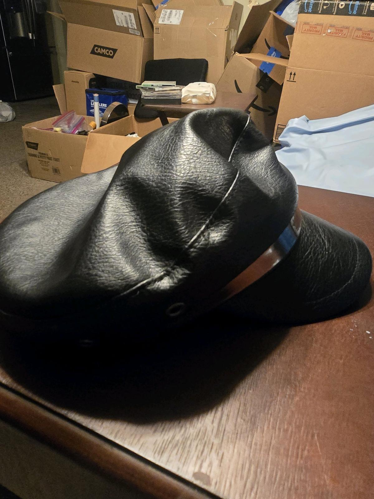 Black Faux Leather Fiddler Cap  Officer Hat with Red Cross P