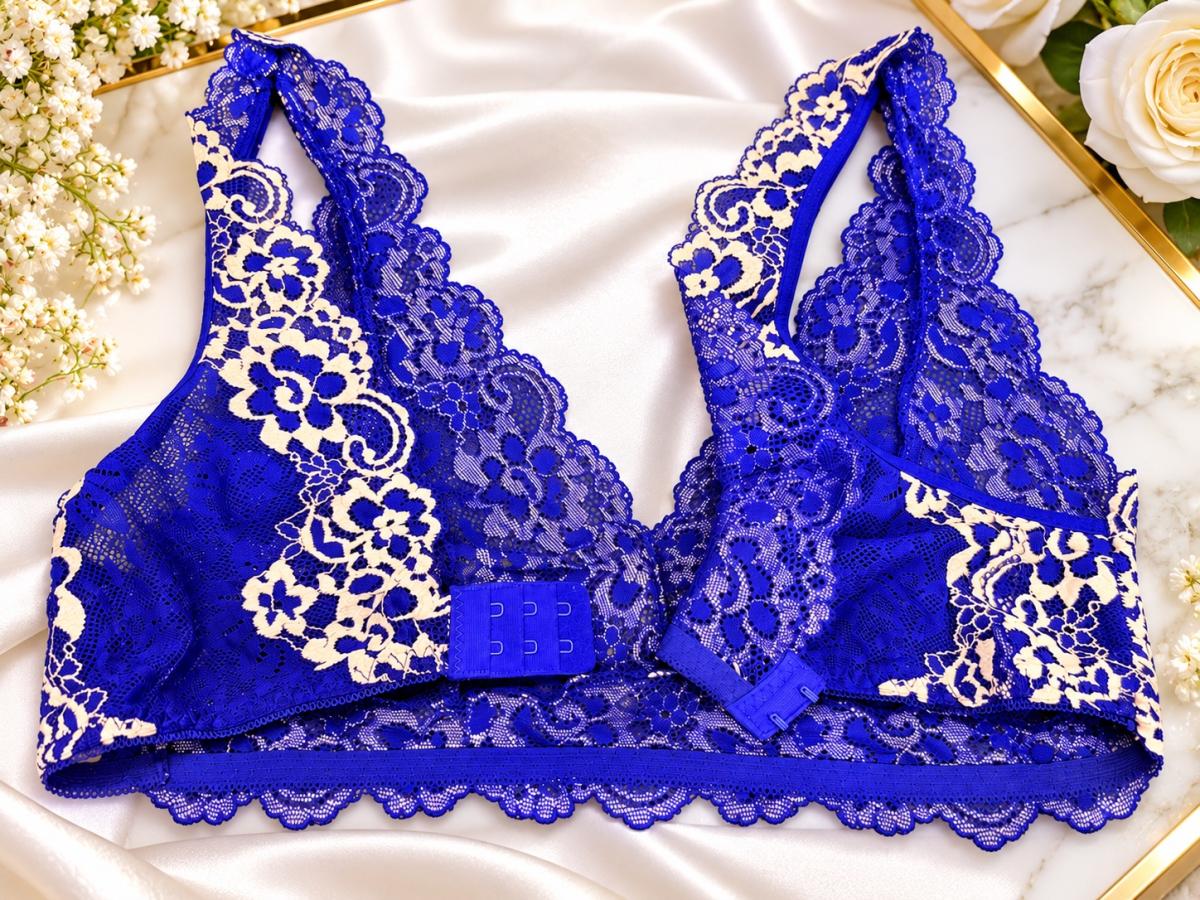 Conjunto de Lencera de Encaje Floral Azul Rey  Talla L