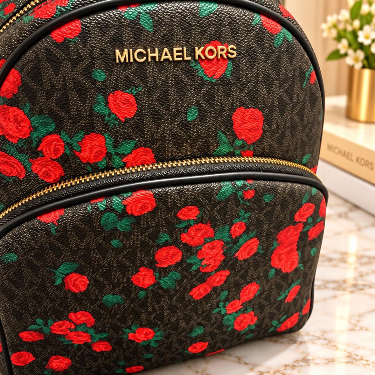 Michael Kors Signature Rose Floral Print Backpack Black Red