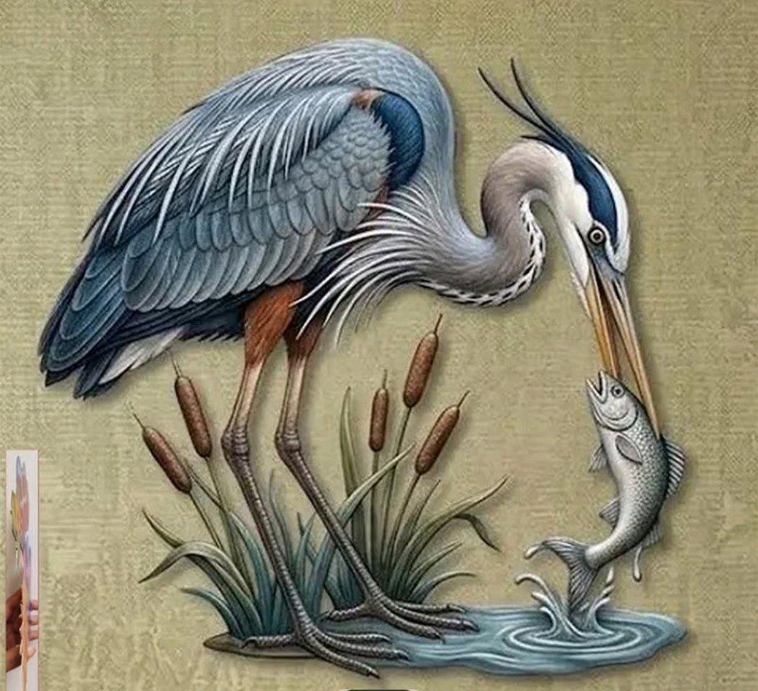 Blue Heron and Fish Metal Wall Decor