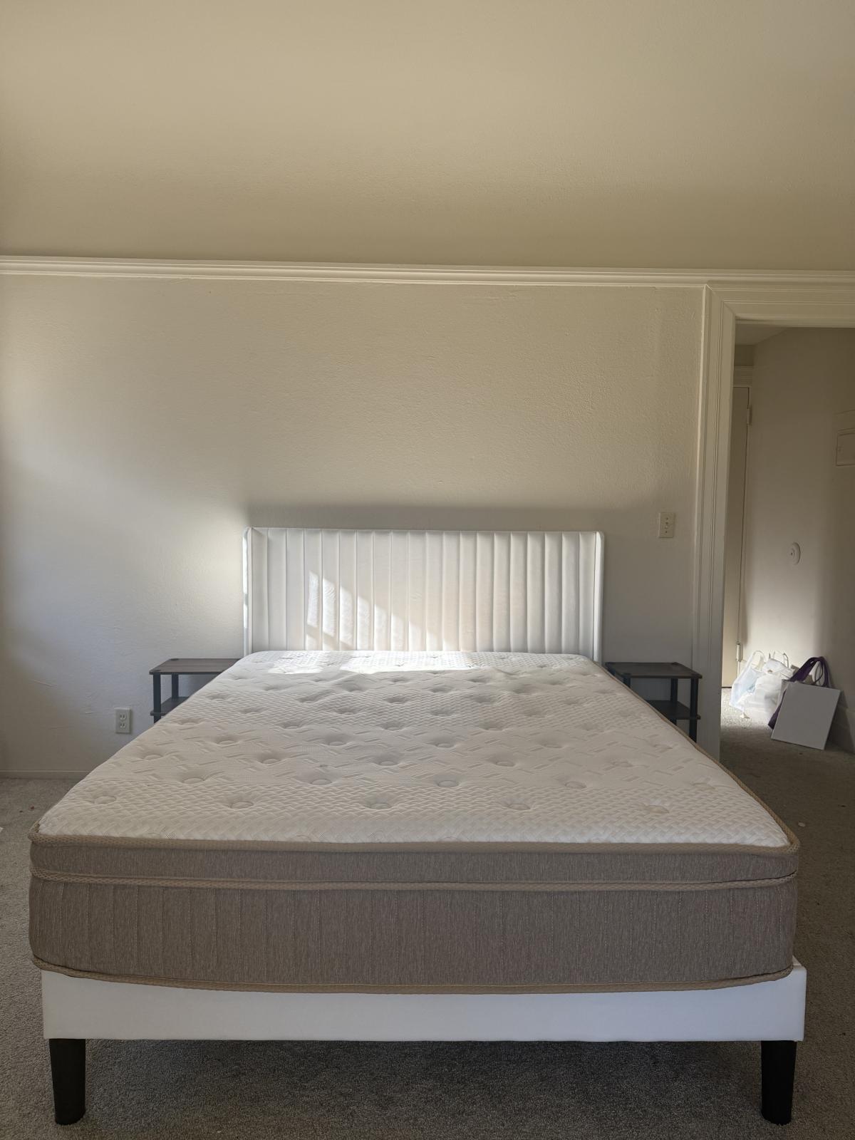 Queen Bed Frame with Headboard, Mattress & Two Nightstands