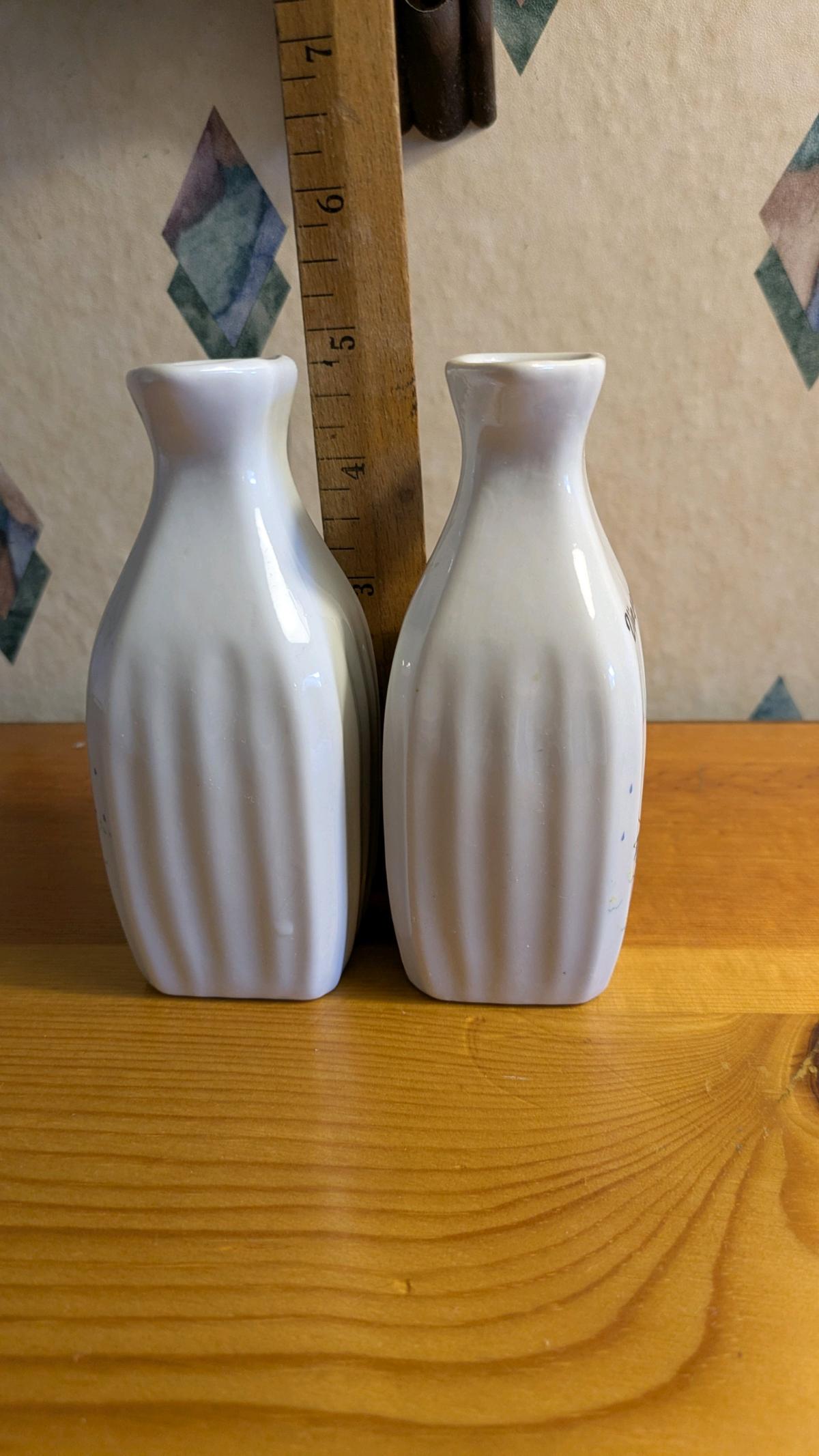 Ceramic White Oil  Vinegar Set 2 Bottles w Handle Pour Spout