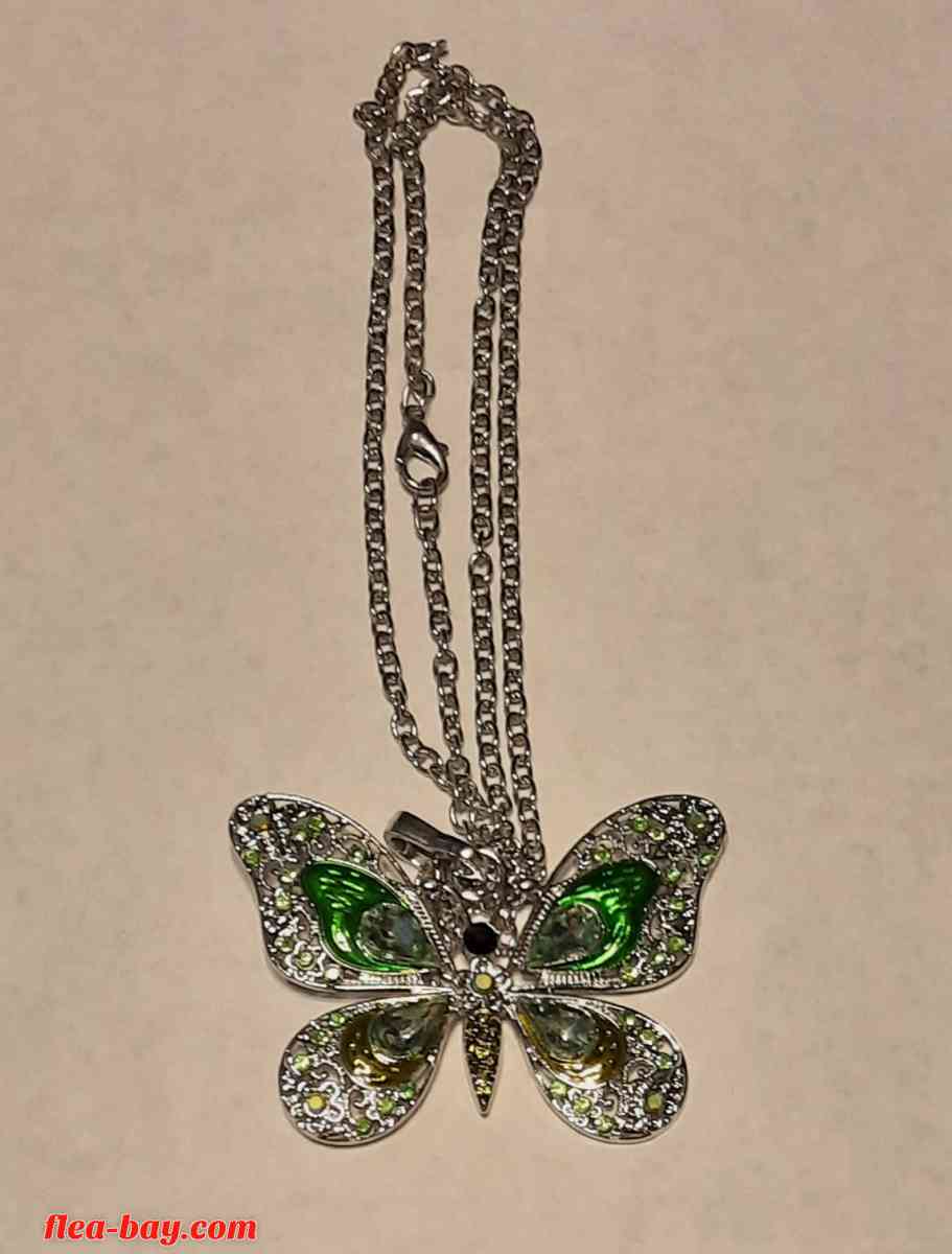 Silver-Tone Green Butterfly Necklace