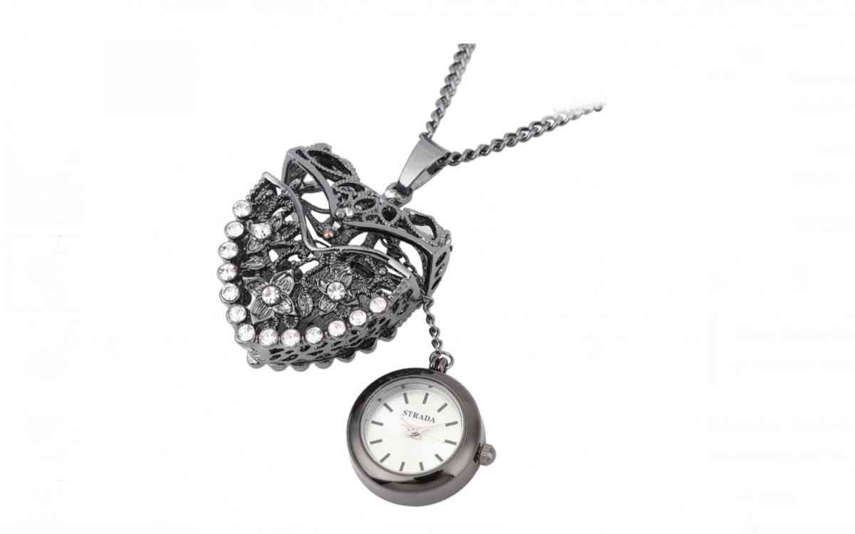Unique STRADA pendant watch necklace in black silver, 30"