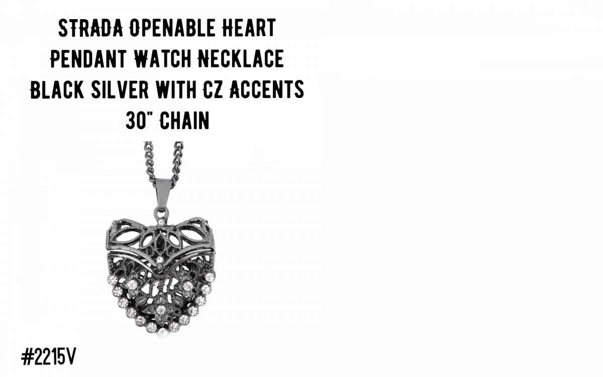 Unique STRADA pendant watch necklace in black silver, 30"