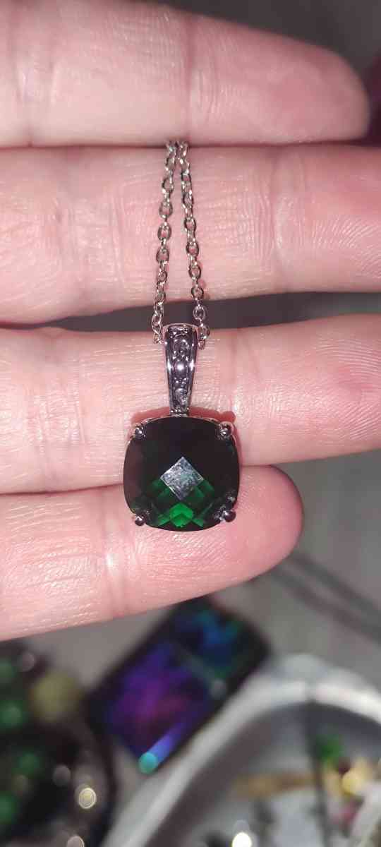 Large square emerald pendant on silver chain