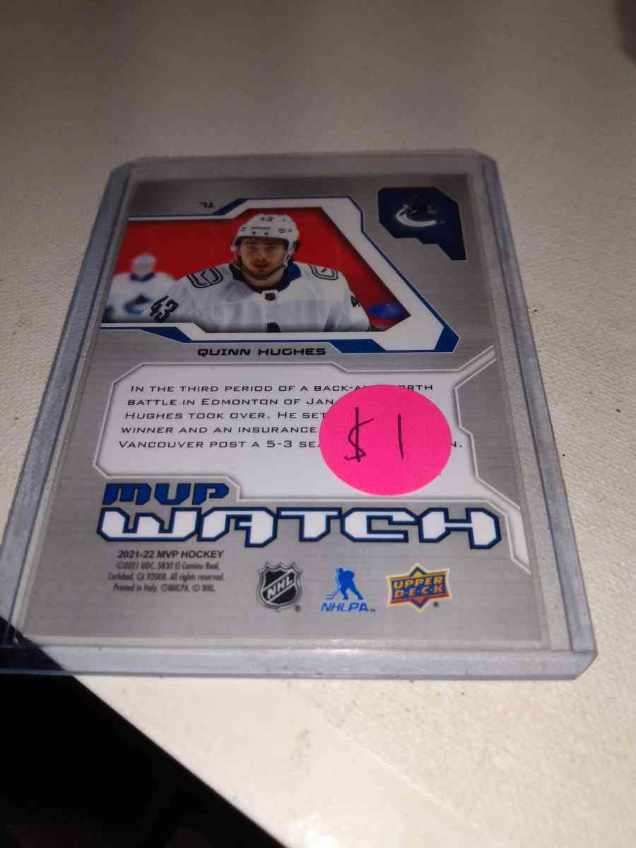 upper Deck MVP 2021 2022 autograph card Quinn Hughes